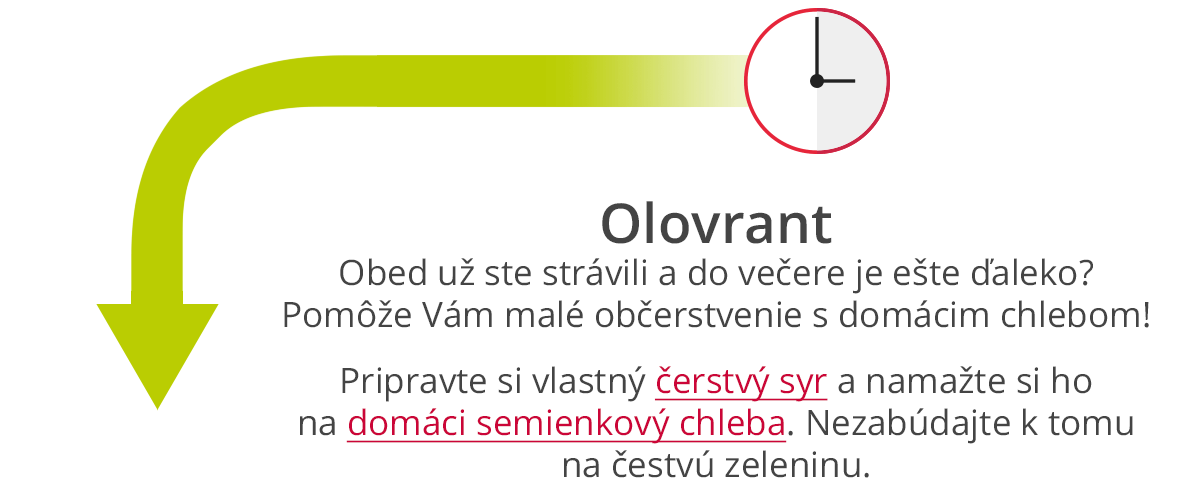 Odpolední svačinka Oběd už jste vytrávila a do večeře je ještě daleko? Pomůže Vám malá svačinka s domácím chlebem! Připravte si vlastní čerstvý sýr a namažte si jej na domácí semínkový chléb a přikusujte čerstvou zeleninu.